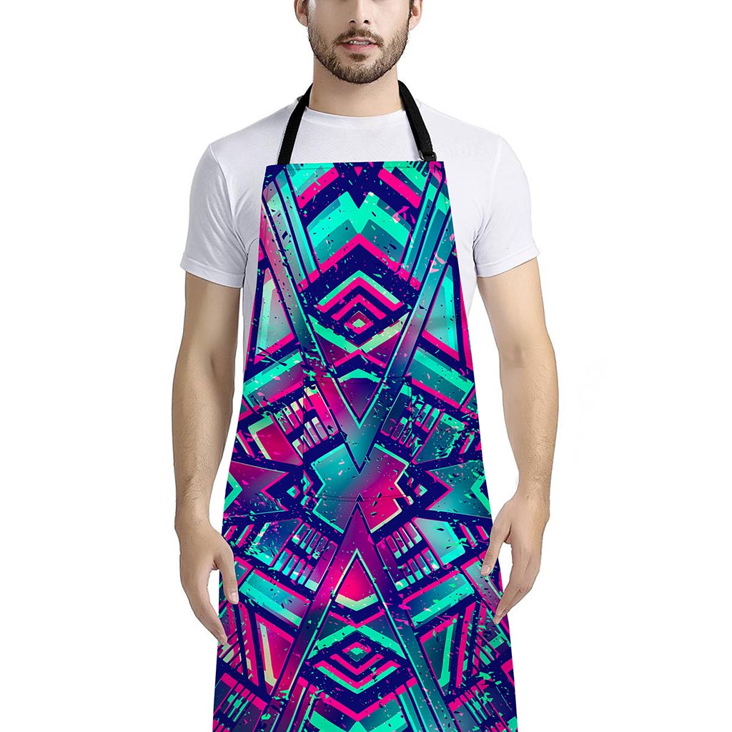 Neon Ethnic Aztec Trippy Print Bib Apron With Pocket