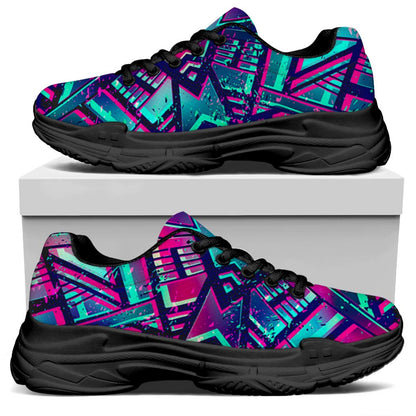 Neon Ethnic Aztec Trippy Print Black Chunky Shoes