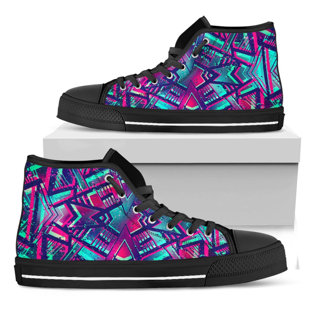 Neon Ethnic Aztec Trippy Print Black High Top Sneakers