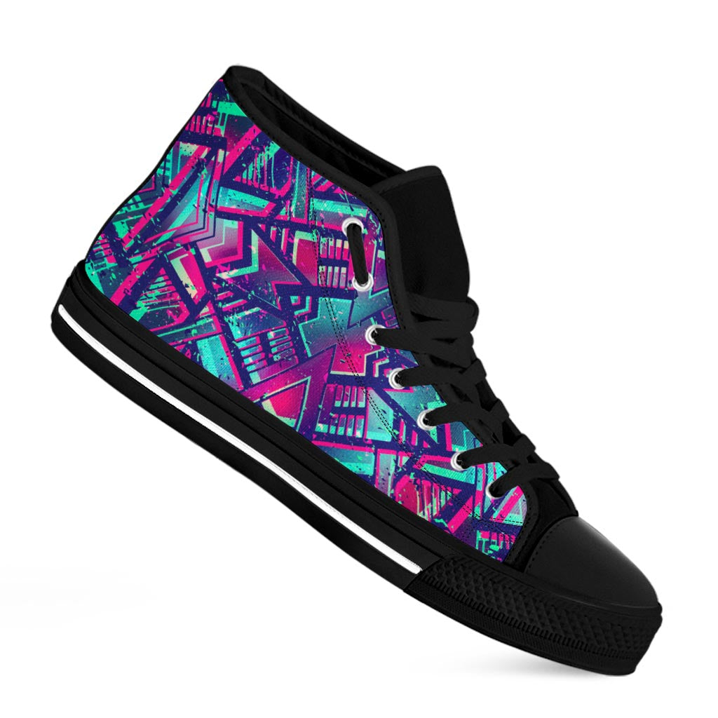 Neon Ethnic Aztec Trippy Print Black High Top Sneakers