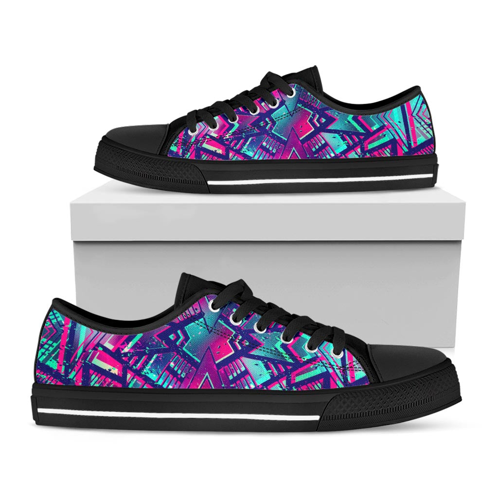 Neon Ethnic Aztec Trippy Print Black Low Top Sneakers