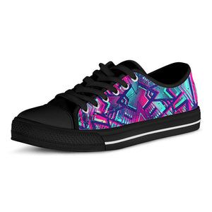 Neon Ethnic Aztec Trippy Print Black Low Top Sneakers