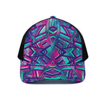 Neon Ethnic Aztec Trippy Print Black Mesh Trucker Cap