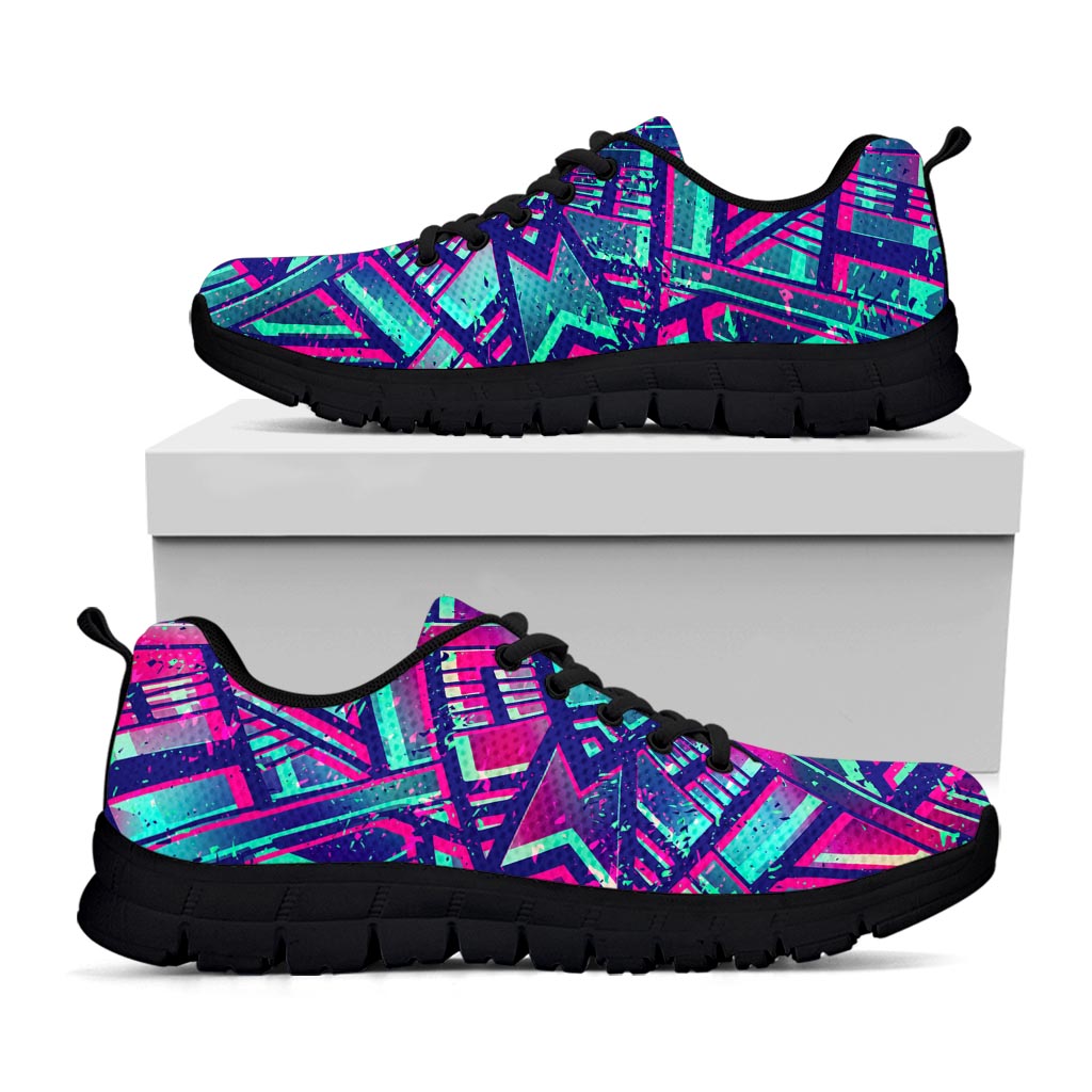 Neon Ethnic Aztec Trippy Print Black Running Shoes