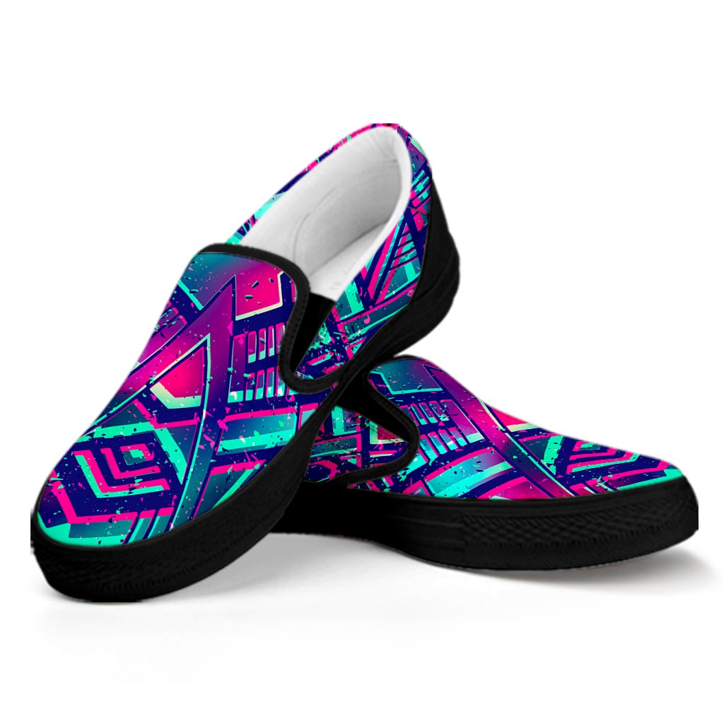 Neon Ethnic Aztec Trippy Print Black Slip On Sneakers