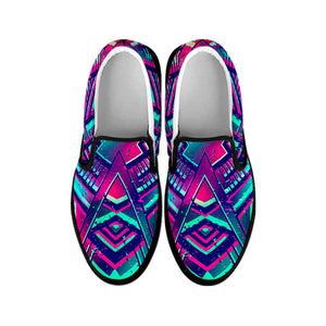 Neon Ethnic Aztec Trippy Print Black Slip On Sneakers