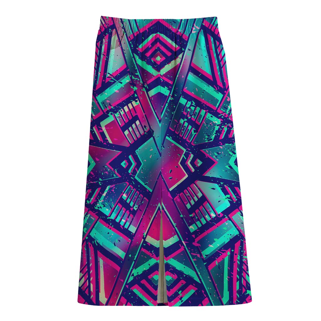 Neon Ethnic Aztec Trippy Print Cotton Front Slit Maxi Skirt