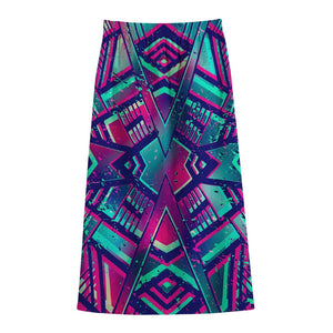 Neon Ethnic Aztec Trippy Print Cotton Front Slit Maxi Skirt