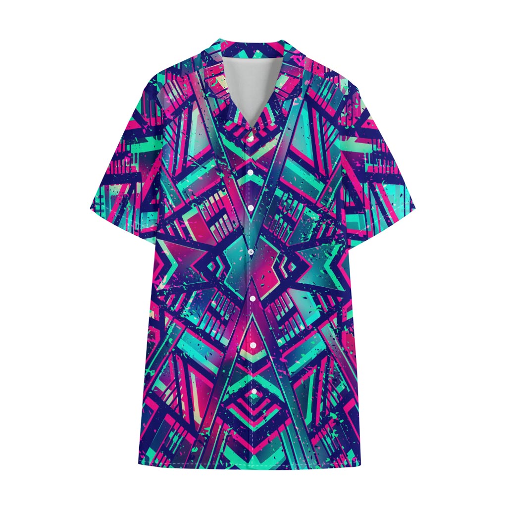 Neon Ethnic Aztec Trippy Print Cotton Hawaiian Shirt