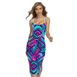 Neon Ethnic Aztec Trippy Print Cross Back Cami Dress