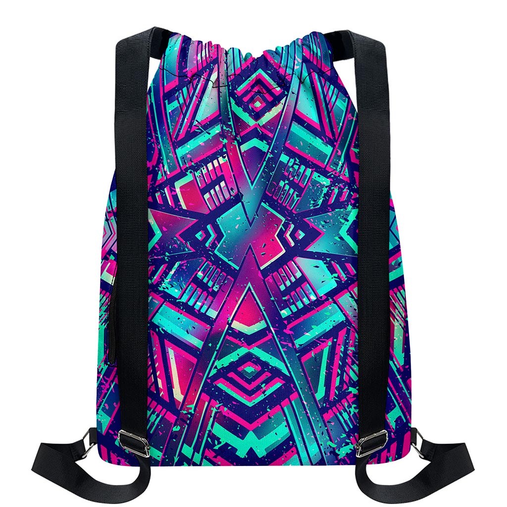 Neon Ethnic Aztec Trippy Print Drawstring Backpack
