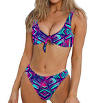 Neon Ethnic Aztec Trippy Print Front Bow Tie Bikini
