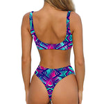 Neon Ethnic Aztec Trippy Print Front Bow Tie Bikini