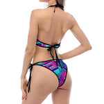 Neon Ethnic Aztec Trippy Print Halter Scoop Tie Side Bikini