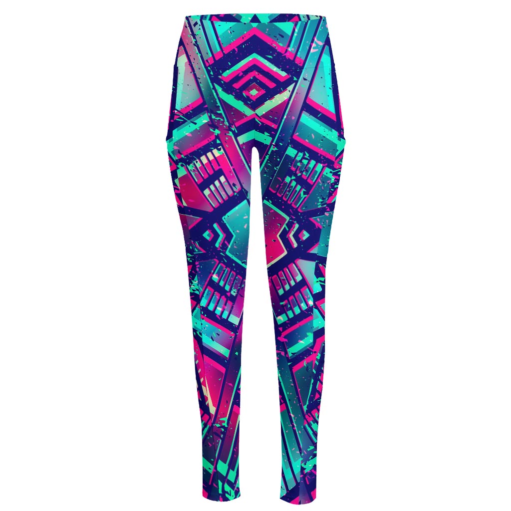 Neon Ethnic Aztec Trippy Print High-Waisted Pocket Leggings