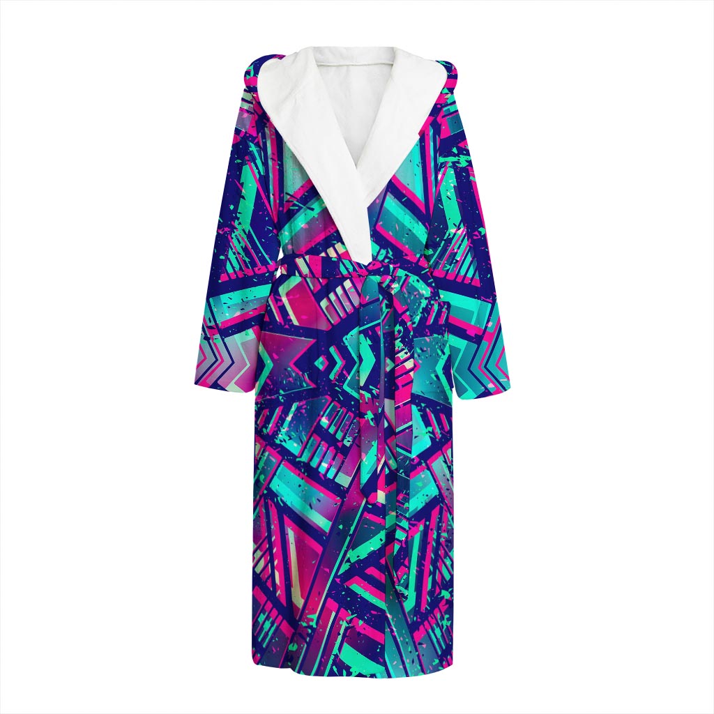 Neon Ethnic Aztec Trippy Print Hooded Bathrobe