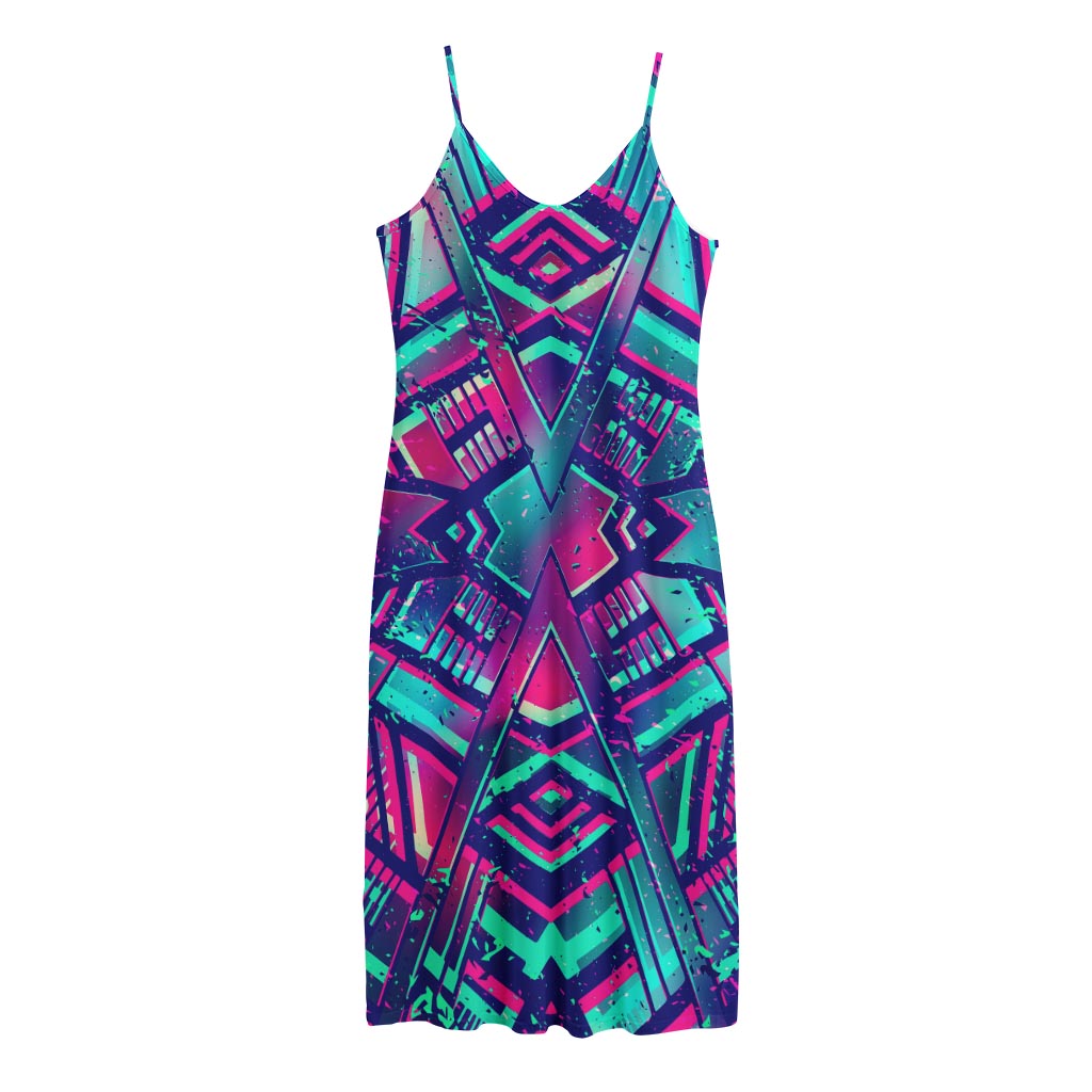 Neon Ethnic Aztec Trippy Print Jersey Midi Cami Dress