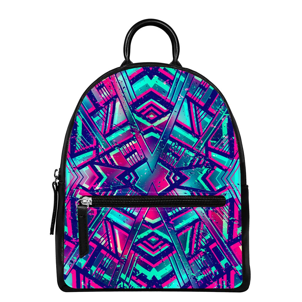 Neon Ethnic Aztec Trippy Print Leather Backpack
