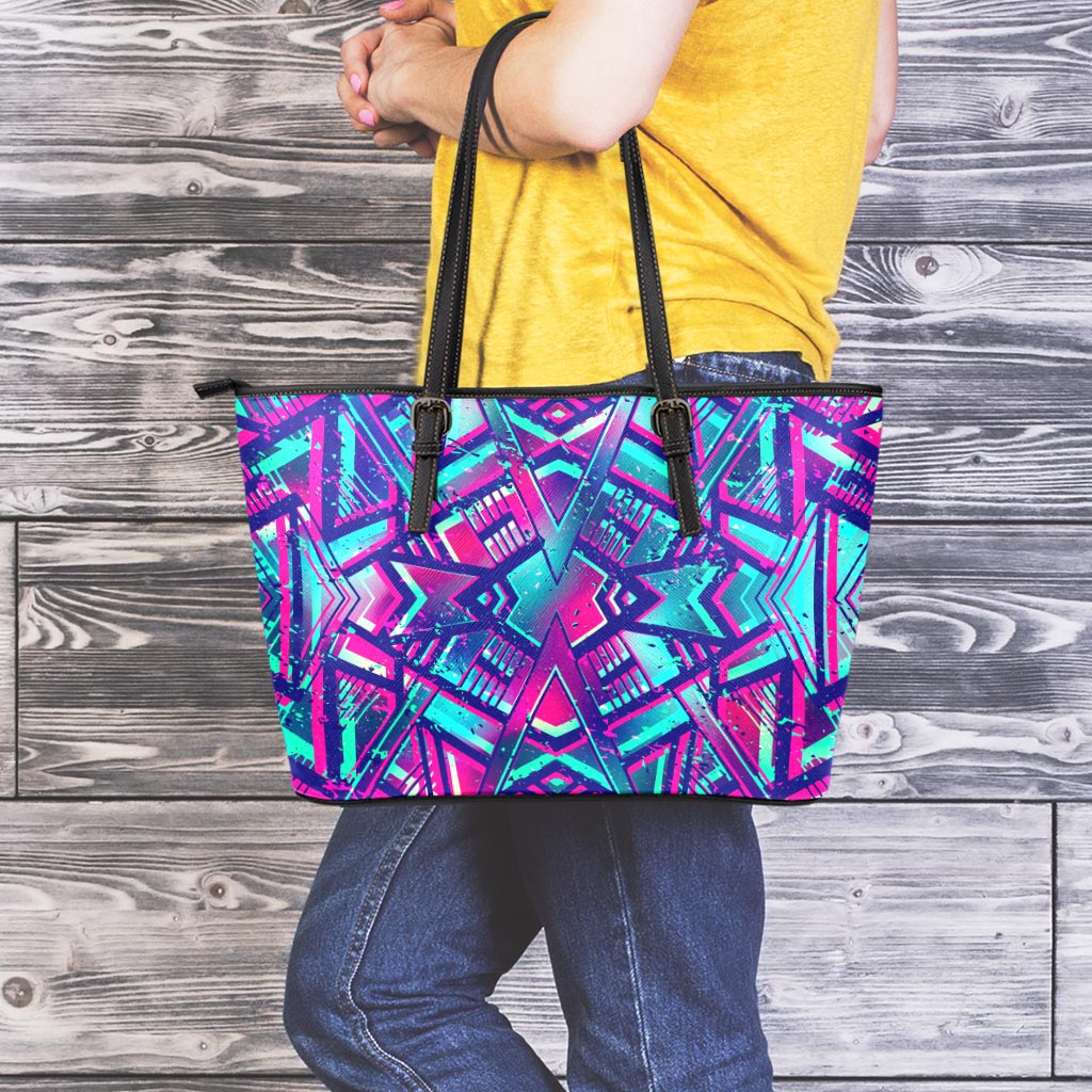 Neon Ethnic Aztec Trippy Print Leather Tote Bag