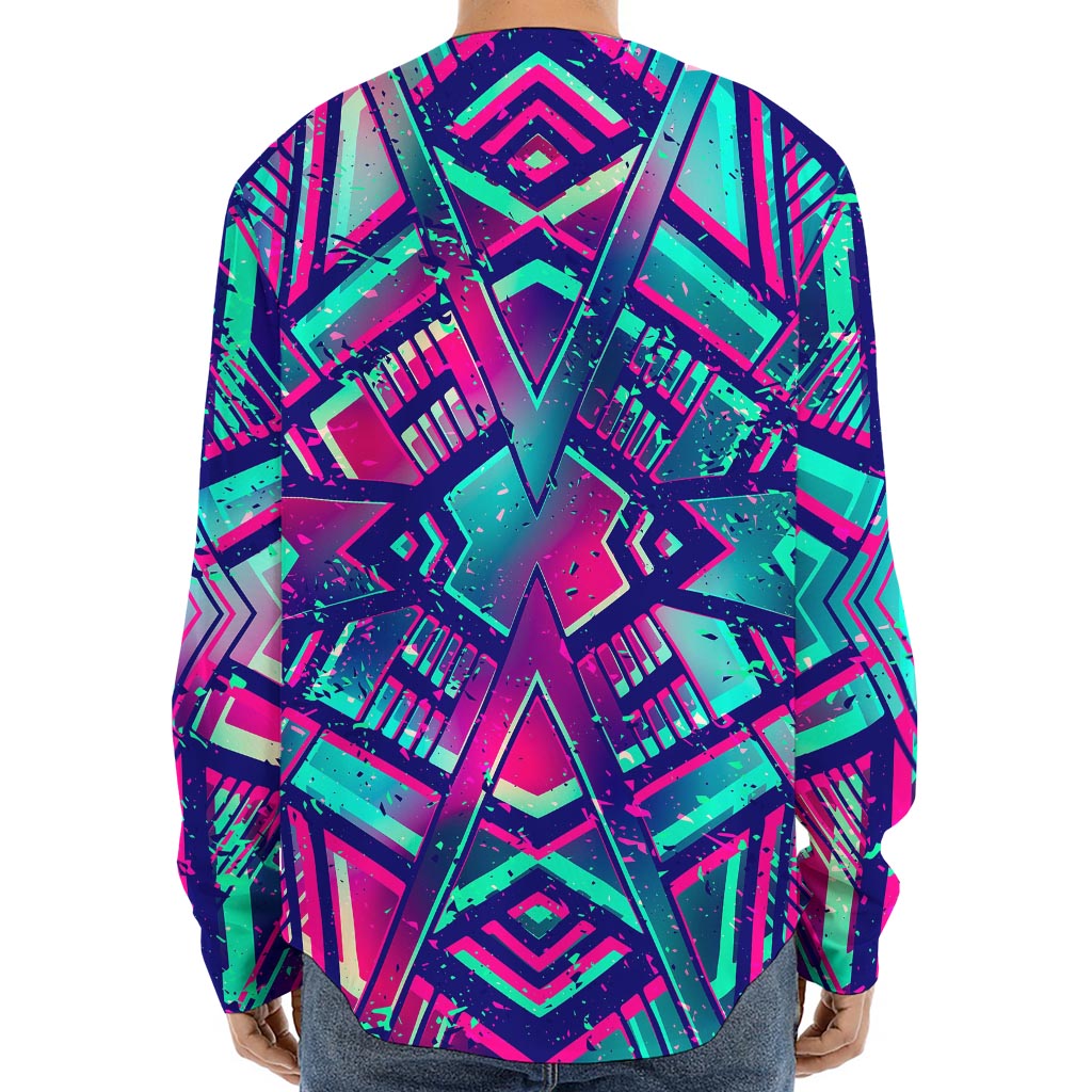 Neon Ethnic Aztec Trippy Print Long Sleeve Baseball Jersey