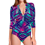 Neon Ethnic Aztec Trippy Print Long Sleeve Swimsuit