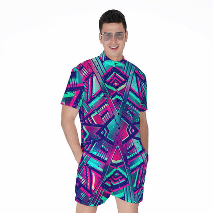Neon Ethnic Aztec Trippy Print Men's Rompers