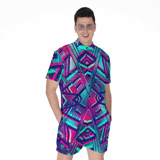 Neon Ethnic Aztec Trippy Print Men's Rompers