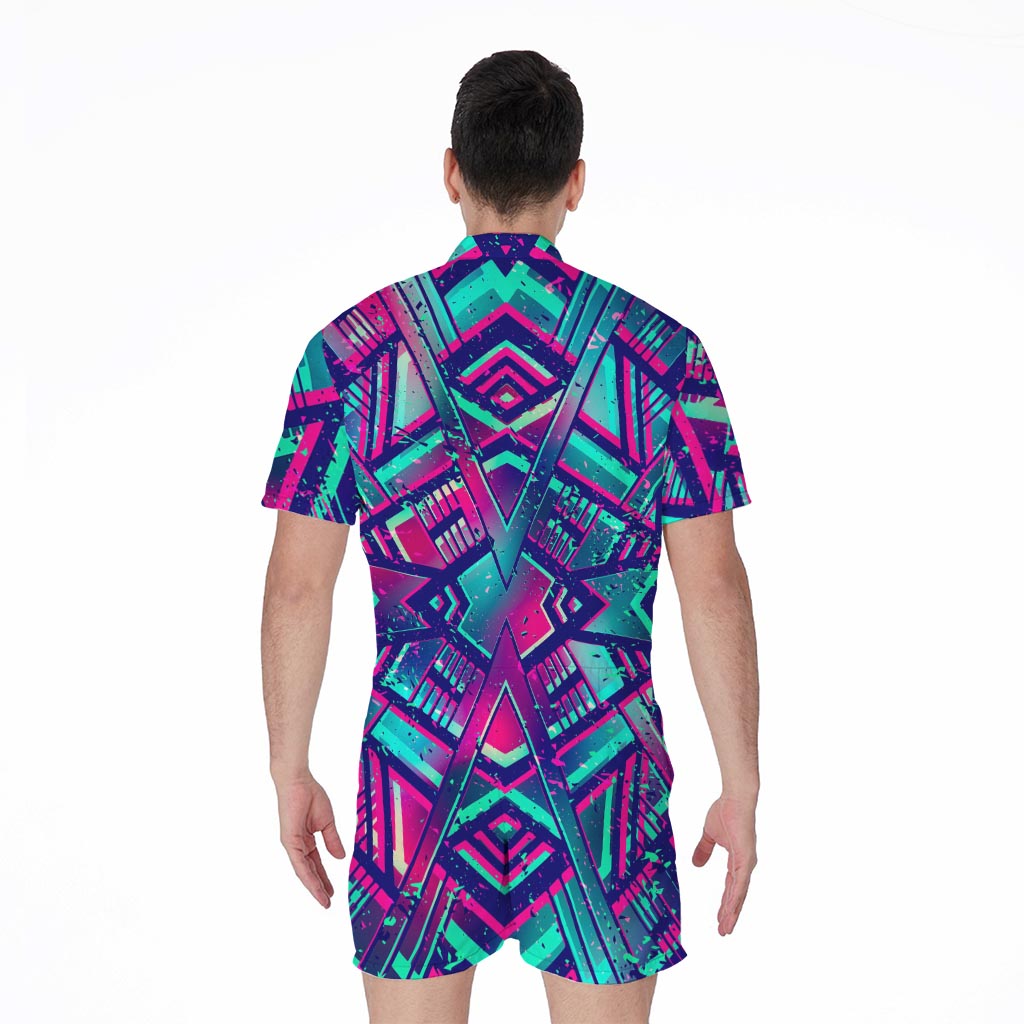 Neon Ethnic Aztec Trippy Print Men's Rompers