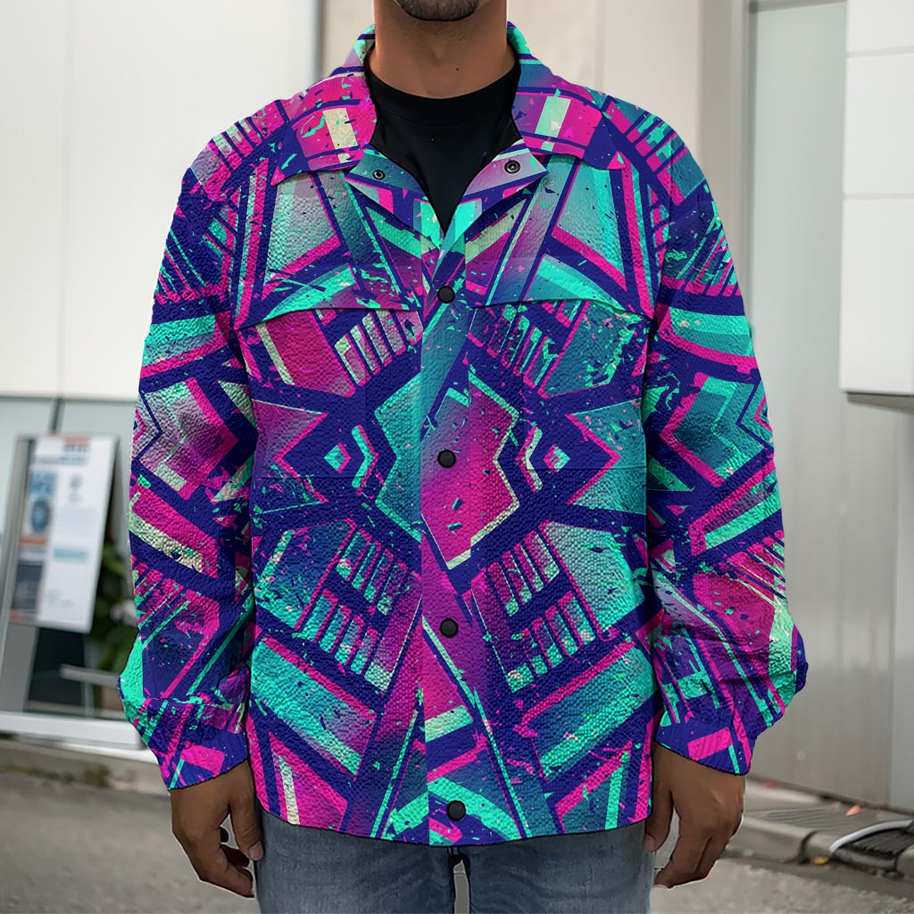 Neon Ethnic Aztec Trippy Print Men's Shirt Jacket