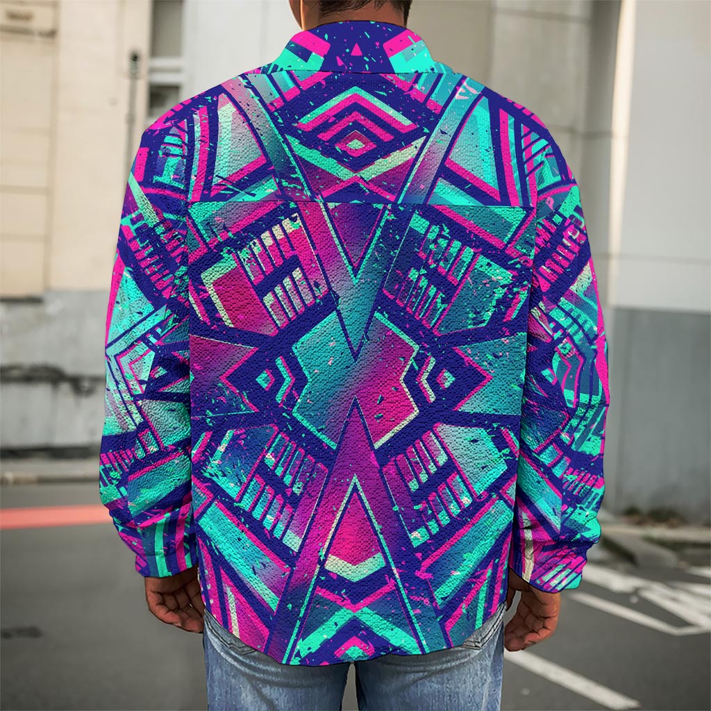 Neon Ethnic Aztec Trippy Print Men's Shirt Jacket