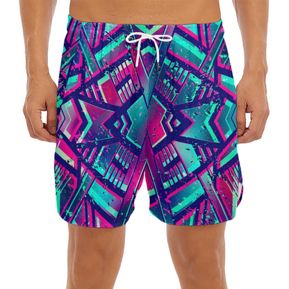 Neon Ethnic Aztec Trippy Print Men's Split Running Shorts