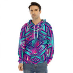 Neon Ethnic Aztec Trippy Print Men's Velvet Pullover Hoodie