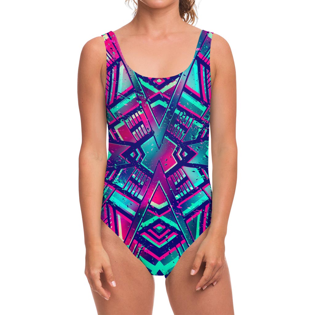 Neon Ethnic Aztec Trippy Print One Piece Swimsuit