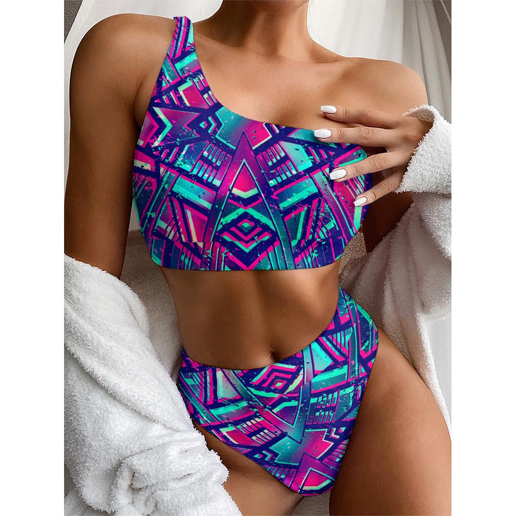 Neon Ethnic Aztec Trippy Print One Shoulder Bikini Top