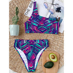 Neon Ethnic Aztec Trippy Print One Shoulder Bikini Top