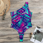 Neon Ethnic Aztec Trippy Print One Shoulder Bodysuit