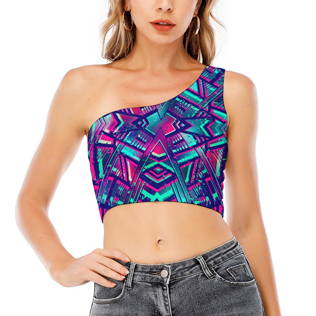 Neon Ethnic Aztec Trippy Print One Shoulder Crop Top