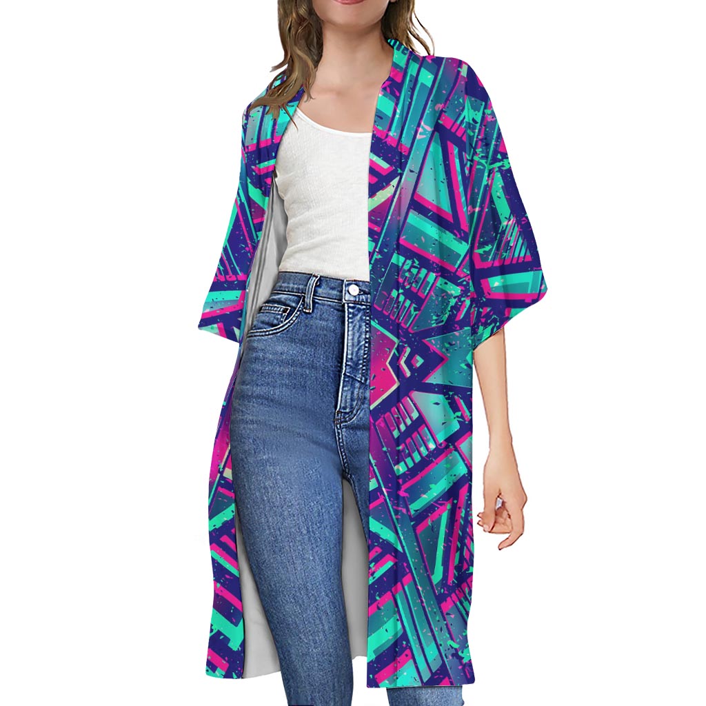 Neon Ethnic Aztec Trippy Print Open Front Beach Cover Up