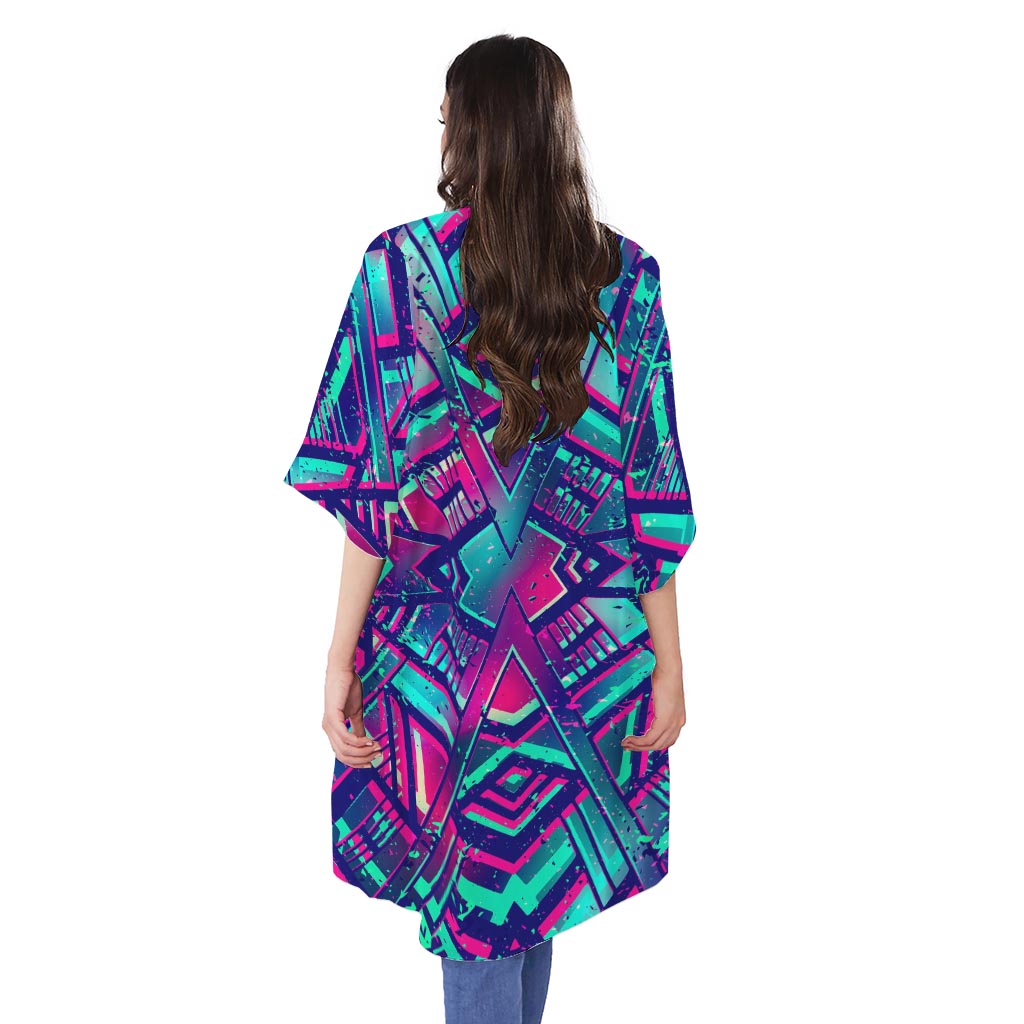 Neon Ethnic Aztec Trippy Print Open Front Beach Cover Up