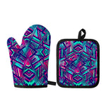 Neon Ethnic Aztec Trippy Print Oven Mitt And Pot Holder Set