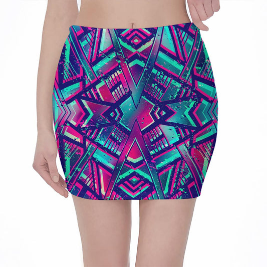 Neon Ethnic Aztec Trippy Print Pencil Mini Skirt
