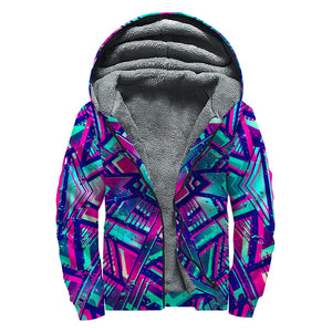 Neon Ethnic Aztec Trippy Print Sherpa Lined Zip Up Hoodie