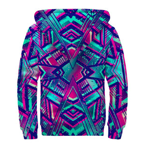 Neon Ethnic Aztec Trippy Print Sherpa Lined Zip Up Hoodie