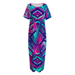 Neon Ethnic Aztec Trippy Print Short Sleeve Long Nightdress