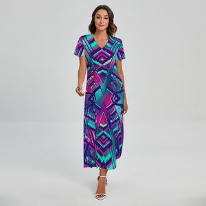 Neon Ethnic Aztec Trippy Print Short Sleeve Maxi Dress