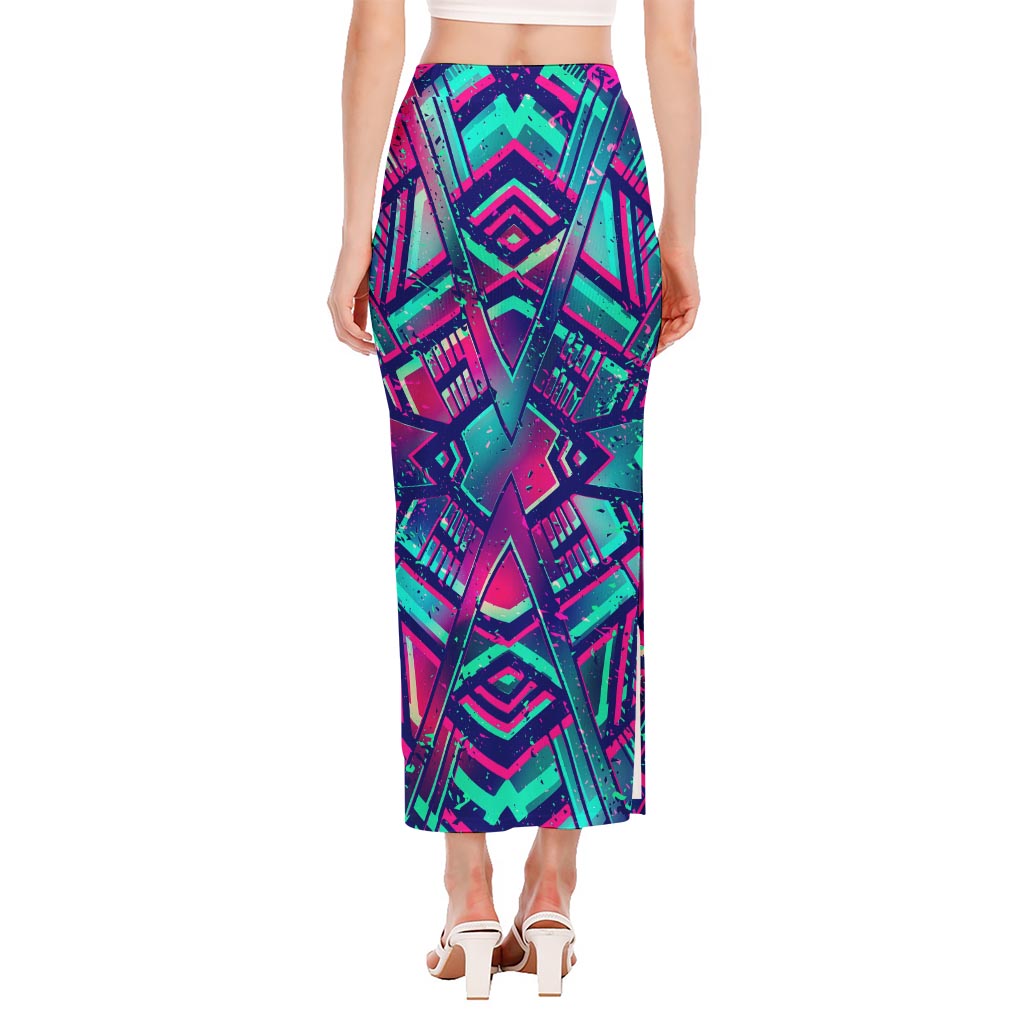 Neon Ethnic Aztec Trippy Print Side Slit Maxi Skirt