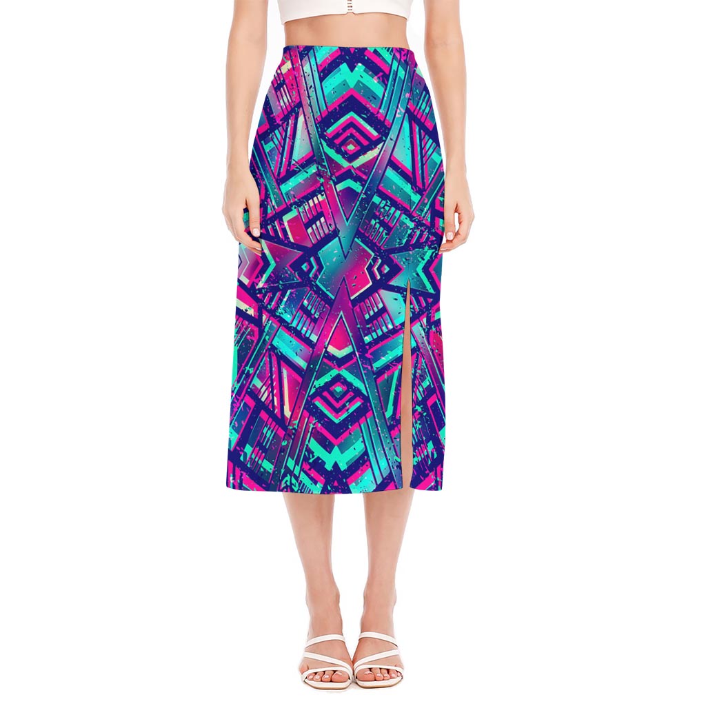 Neon Ethnic Aztec Trippy Print Side Slit Midi Skirt