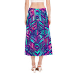 Neon Ethnic Aztec Trippy Print Side Slit Midi Skirt