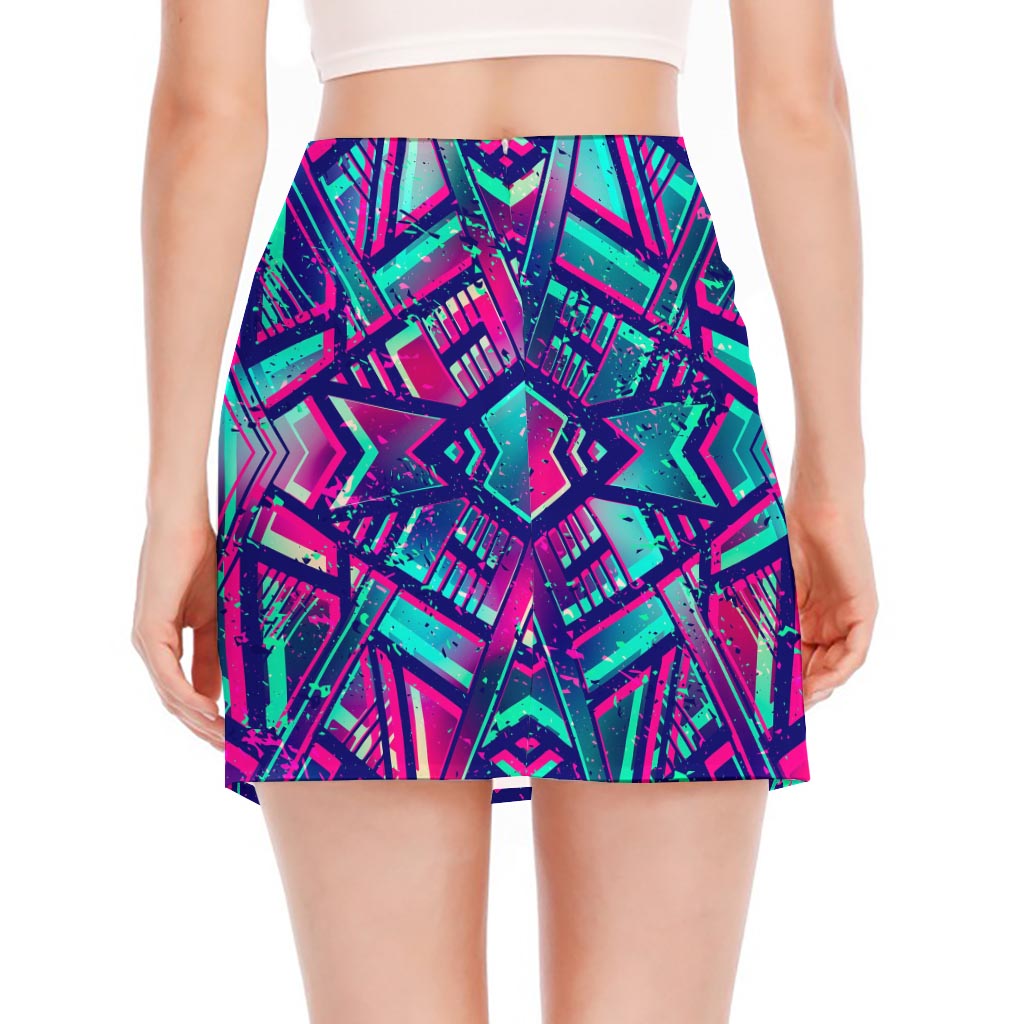 Neon Ethnic Aztec Trippy Print Side Slit Mini Skirt