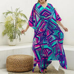 Neon Ethnic Aztec Trippy Print Silk V-Neck Kaftan Dress